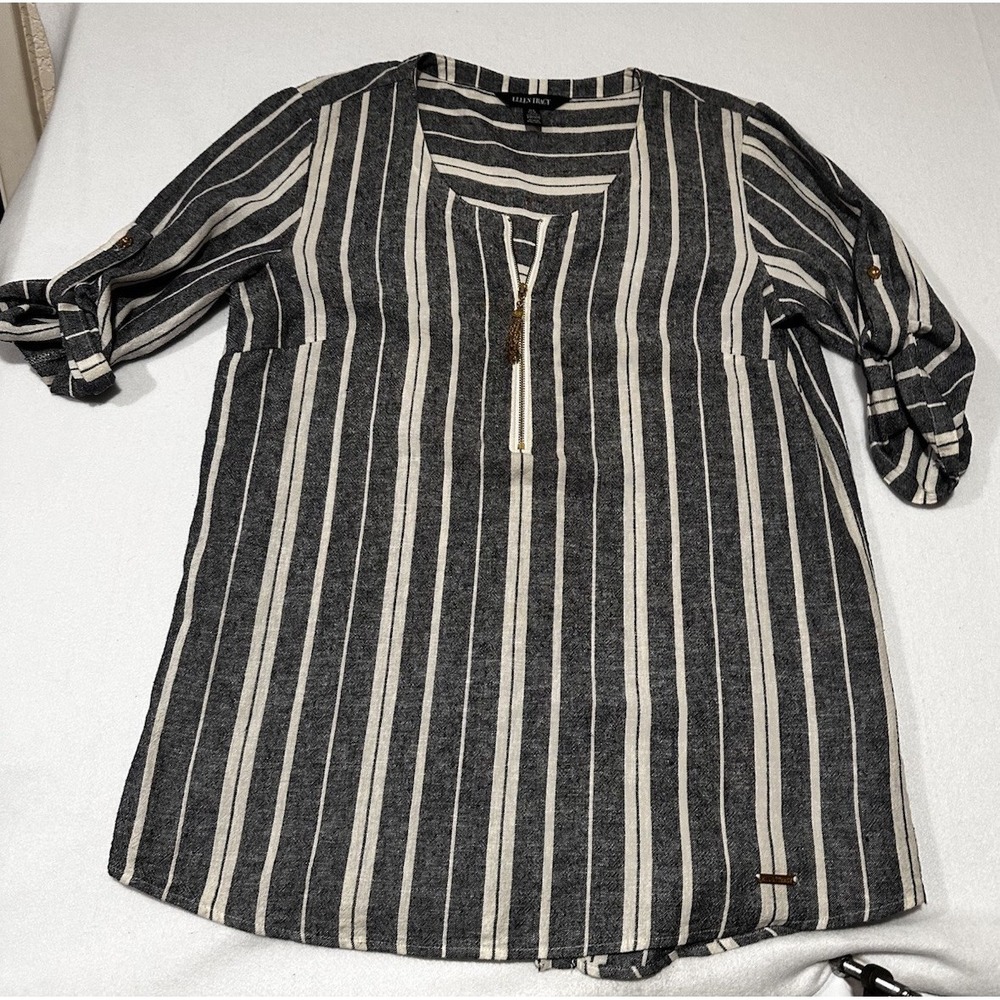 Ellen Tracy Linen Striped Blouse w/Gold Zipper Roll Tab Sleeves Women's Small